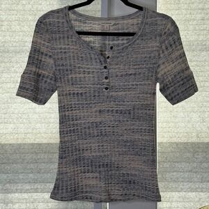 Lucky Brand Womens Top Size‎ S Knit Ribbed Short Sleeve Button Henley Blue Beige